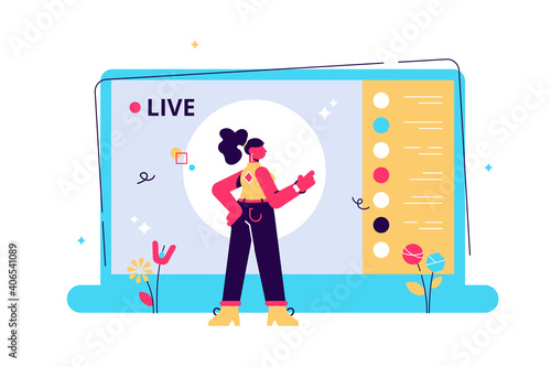 Live streaming event, young female character performing in front