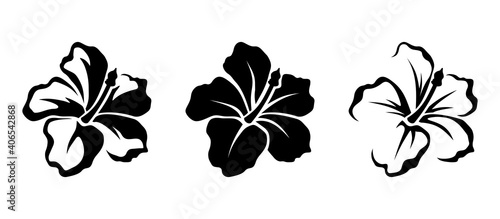 Vector set of black silhouettes of tropical hibiscus flowers isolated on a white background. photo