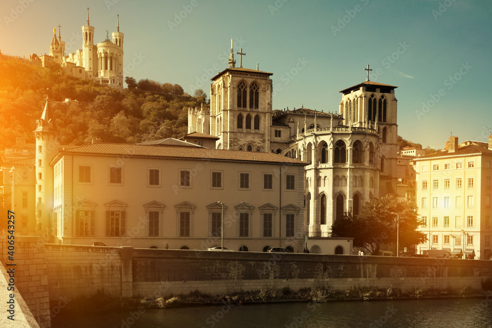 French town Lyon at riverside Saone in France, view with buildings and river