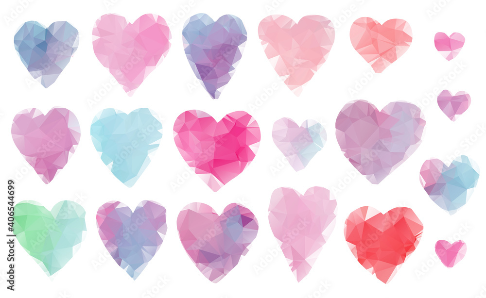 Beautiful collection of cute vibrant polygonal hearts for Valentines day greeting cards and banners design. Abstract pink, blue, purple, green heart illustration for romantic decoration