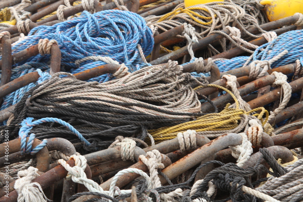 rope on a boat SEVERAL ROPES, BLUE, YELLOW, WHITE, 