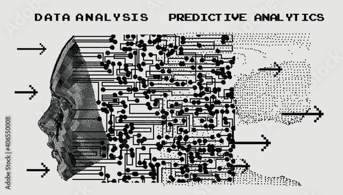 Abstract technology background with 3d face made of particles. Conceptual illustration of Artificial intelligence.