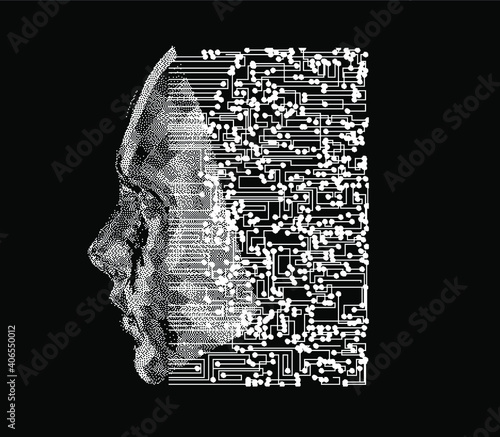 Abstract technology background with 3d face made of particles. Conceptual illustration of Artificial intelligence.