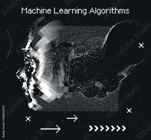 Abstract technology background with 3d face mask made of particles. Conceptual illustration of Artificial intelligence.