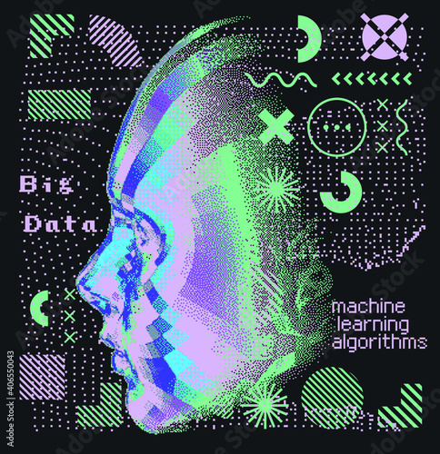Abstract technology background with 3d face mask made of particles. Conceptual illustration of Artificial intelligence.