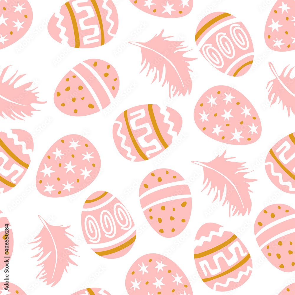 Easter Seamless Pattern with Gold and pink colored Easter eggs and feathers. Vector flat design illustration in doodle style for invitations, prints, wrapping paper, etc. for Happy Easter.