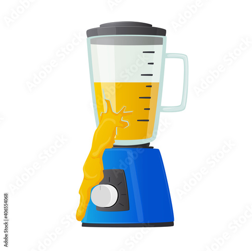 Broken Blender with Yellow Liquid Pouring Out of Canister Isolated on White Background. Destroyed Appliances, Old Scrap