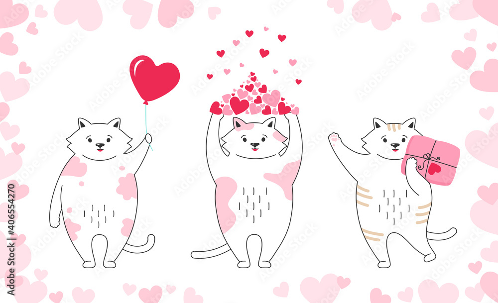 Cat cartoon set for greeting card Valentines Day. Hand drawn doodle funny kitten character with hearts, balloon, gift and parcel. Romantic banner cute white kitty. Print love vector illustration Cat cartoon set for greeting card Valentines Day. Hand drawn doodle funny kitten character with hearts, balloon, gift and parcel. Romantic banner cute white kitty. Print love vector illustration