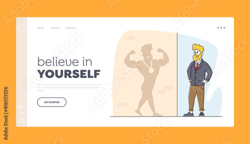 Believe in Yourself Landing Page Template. Business Man Looking on Shadow on Wall Imagine himself Sportsman Winner