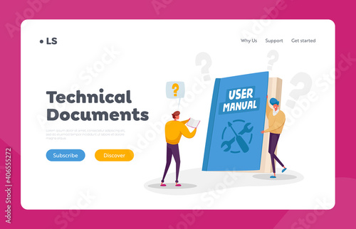 Characters Reading User Manual, Guide Book or Technical Instruction Landing Page Template. Tiny Characters Read Guidance
