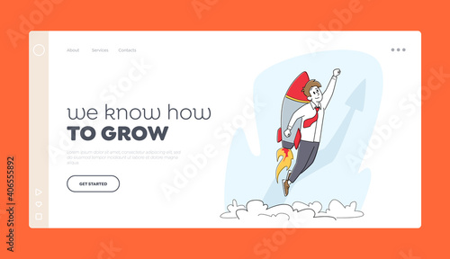 Start Up Landing Page Template. Business Startup, Career Boost, and Growth. Businessman Flying Off with Jet Pack