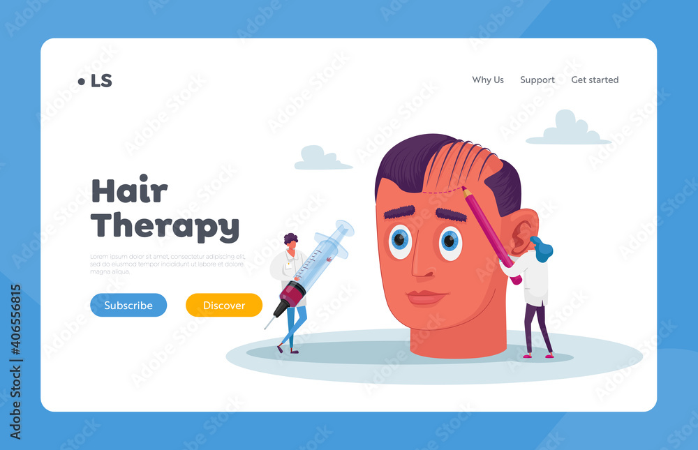 Hair Loss or Receding Landing Page Template. Tiny Doctor Characters Prepare Huge Head for Hair Transplantation Procedure