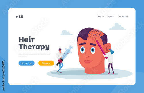 Hair Loss or Receding Landing Page Template. Tiny Doctor Characters Prepare Huge Head for Hair Transplantation Procedure