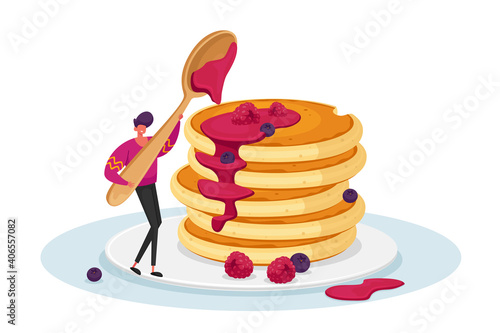 Breakfast, Morning Food, Culinary Hobby Concept. Tiny Male Character Pouring Huge Stack of Fresh Hot Pancakes with Syrup