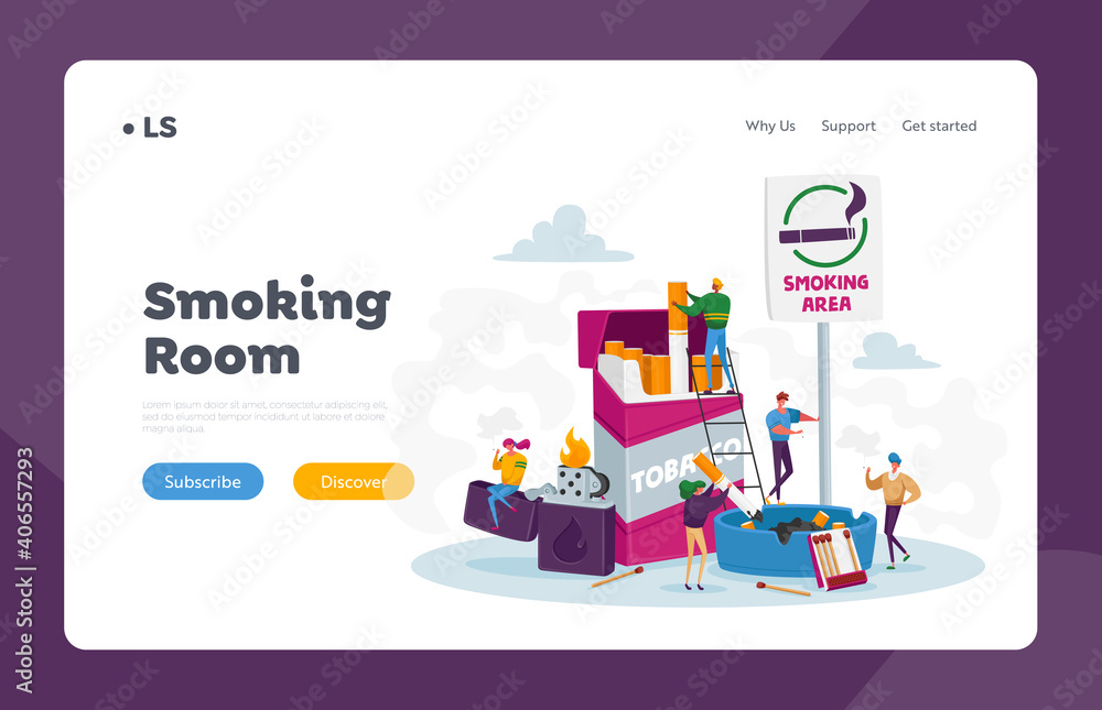 Smokers in Smoking Area Landing Page Template. Tiny People Smoke near Huge Cigarettes Box and Lighter in Public Place Smokers in Smoking Area Landing Page Template. Tiny People Smoke near Huge Cigarettes Box and Lighter in Public Place