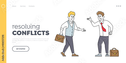 Angry Businessmen Characters Quarrel Landing Page Template. , People Fight Waving Fists or Arguing. Business Competition