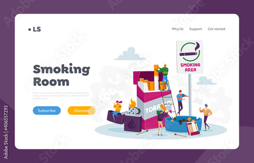 Smokers in Smoking Area Landing Page Template. Tiny People Smoke near Huge Cigarettes Box and Lighter in Public Place