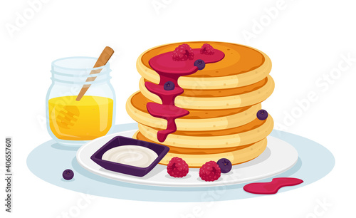 Stack of Fresh Hot Pancakes with Honey and Sweet Syrup Decorated with Fresh Berries. Fresh Bakery, Breakfast for Family