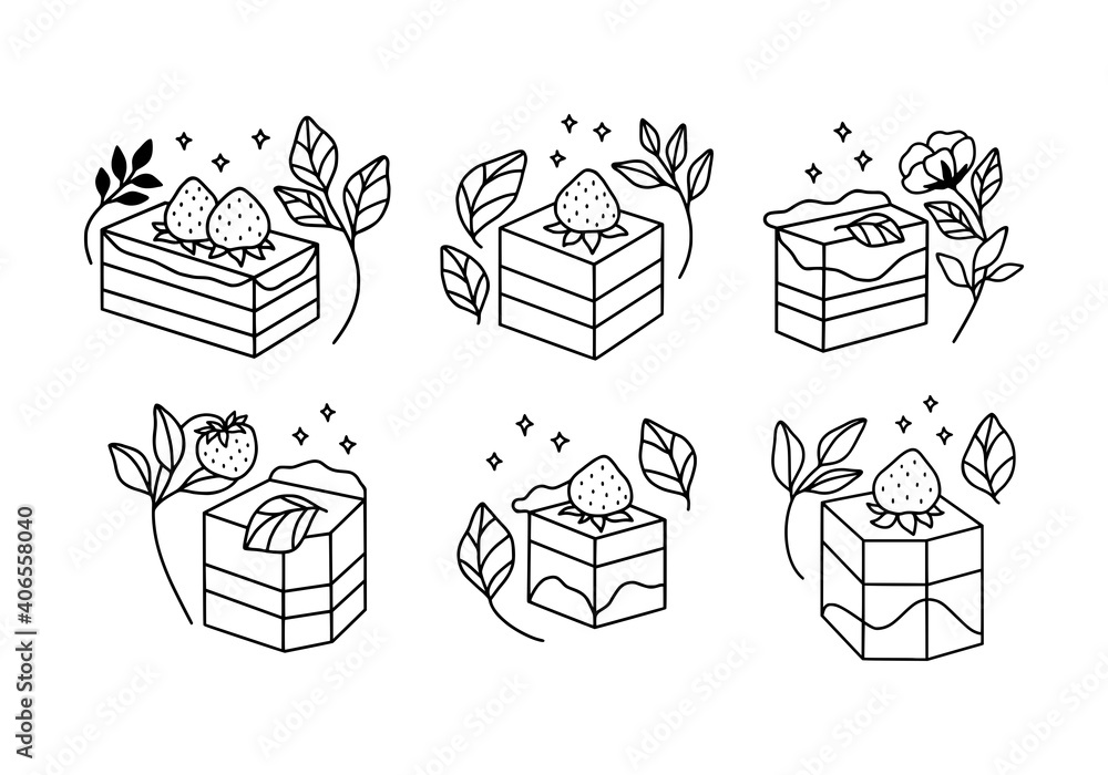 Hand drawn cake, pastry, and bakery logo elements in linear style and isolated white background Hand drawn cake, pastry, and bakery logo elements in linear style and isolated white background