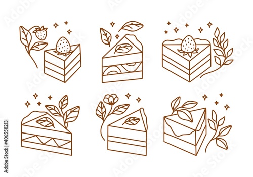 Hand drawn cake, pastry, and bakery logo elements in linear style and isolated white background