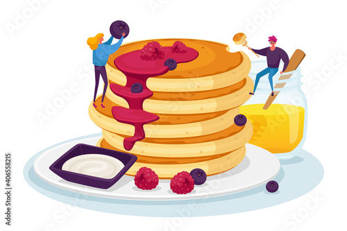 Tiny Male and Female Characters Pouring Huge Stack of Fresh Hot Pancakes with Honey and Decorate with Fresh Berries