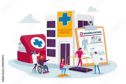 Rehabilitation Concept, Tiny Characters at Huge Medic Things. Doctor Push Wheelchair with Injured Woman in Rehab Clinic