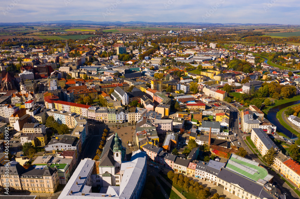 Aerial view of historical Silesian city of Opava on sunny autumn day, Czech Republic..