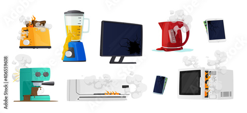 Set of Broken Home Appliances, Damaged Blender, Coffee Machine, Pc Monitor and Electric Kettle, Conditioner, Old Things