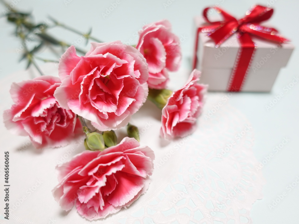 赤いカーネーションの花とリボンをかけたプレゼント 母の日のイメージ 赤いカーネーションの花とリボンをかけたプレゼント 母の日のイメージ
