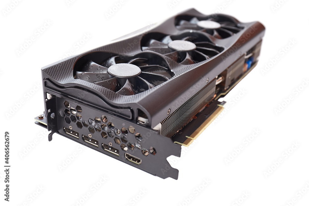 New high end graphics card computer hardware upgrade isolated on white background. Powerful gaminr, rendering or cryptocurrency mining equipment New high end graphics card computer hardware upgrade isolated on white background. Powerful gaminr, rendering or cryptocurrency mining equipment