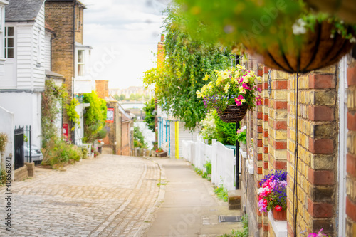 Quaint cobbled streets of Upnor village in Kent  England.