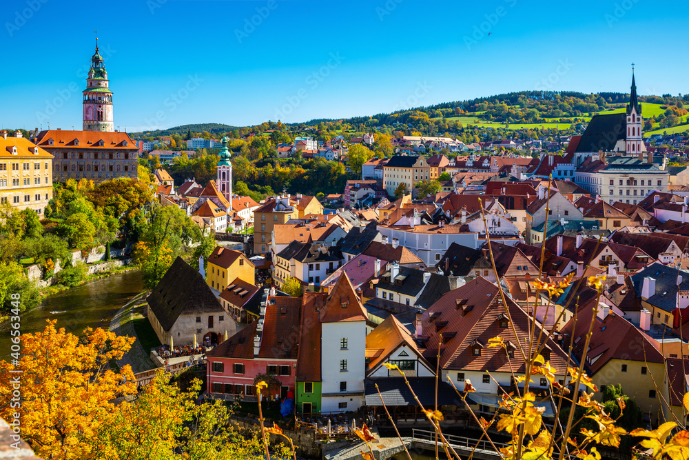 Aerial cityscape of small Czech town Cesky Krumlov