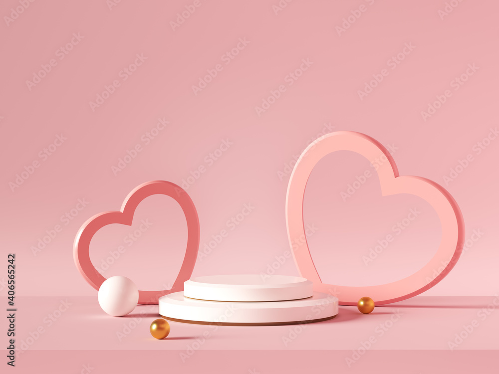 Minimal background, mock up with podium for product display,Abstract white geometry shape background minimalist Valentine's day pink background,Abstract mock up backgroundup 3D rendering.
