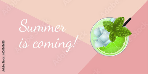 Mojito cocktail with lime, mint and ice top view. Cold alcoholic or non-alcoholic long drink. Vector illustration on pink background with text