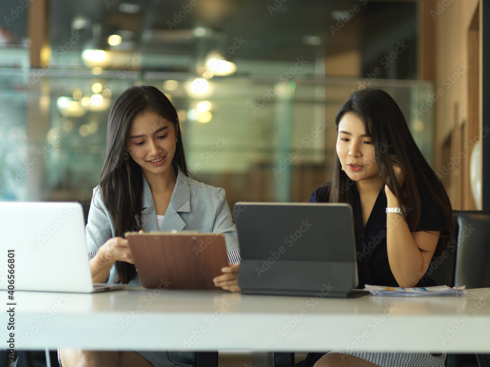 Two businesswomen consulting on their project in office room Two businesswomen consulting on their project in office room