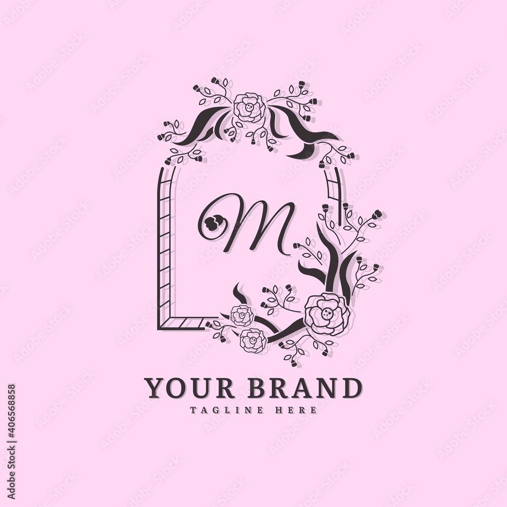 Initial letter M with natural logo vector concept element, letter M logo with floral ornament. Minimalist design logo. Initial letter M with natural logo vector concept element, letter M logo with floral ornament. Minimalist design logo.