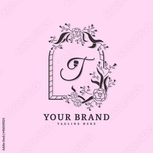 Initial letter T with natural logo vector concept element, letter T logo with floral ornament. Minimalist design logo.