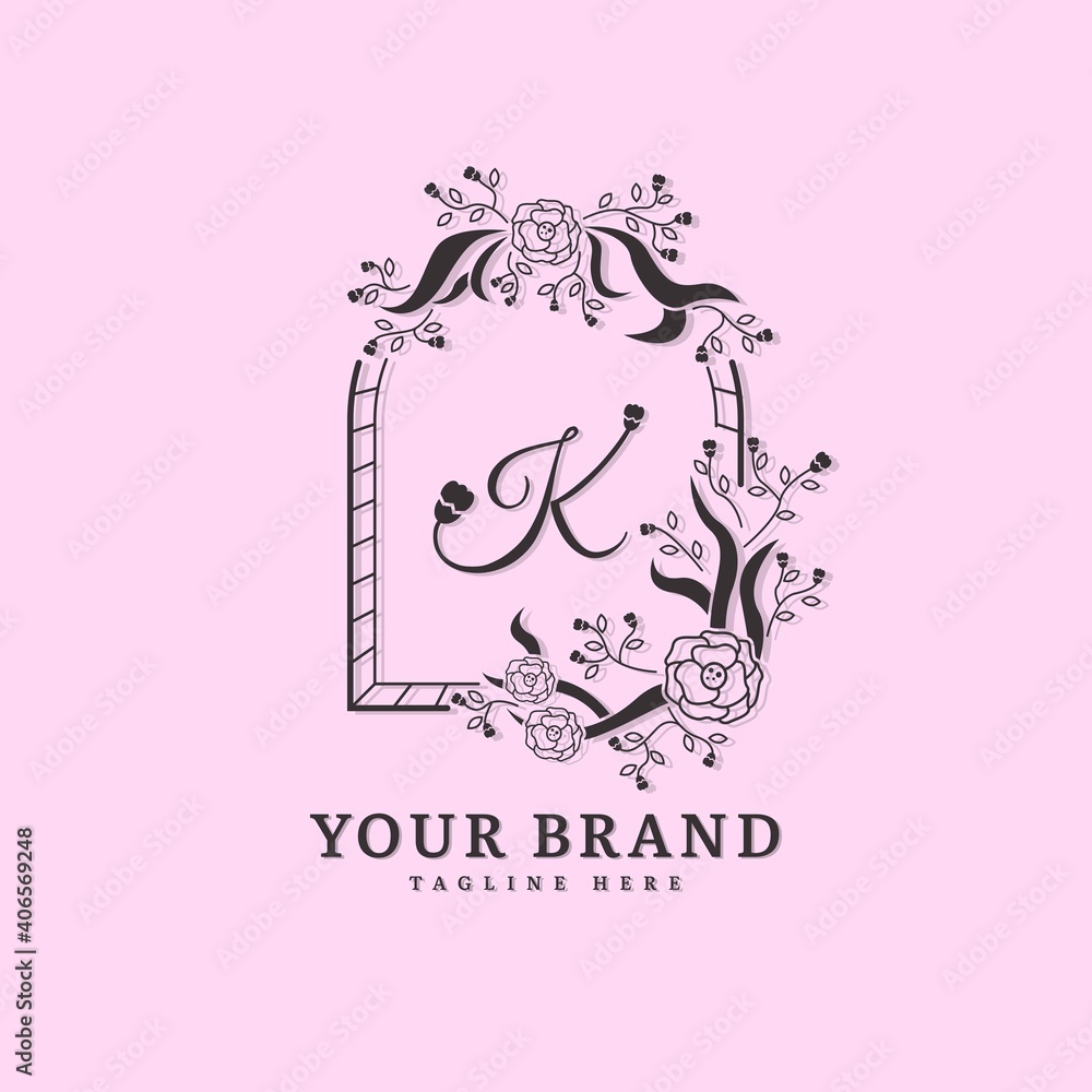 Initial letter K with natural logo vector concept element, letter K logo with floral ornament. Minimalist design logo.