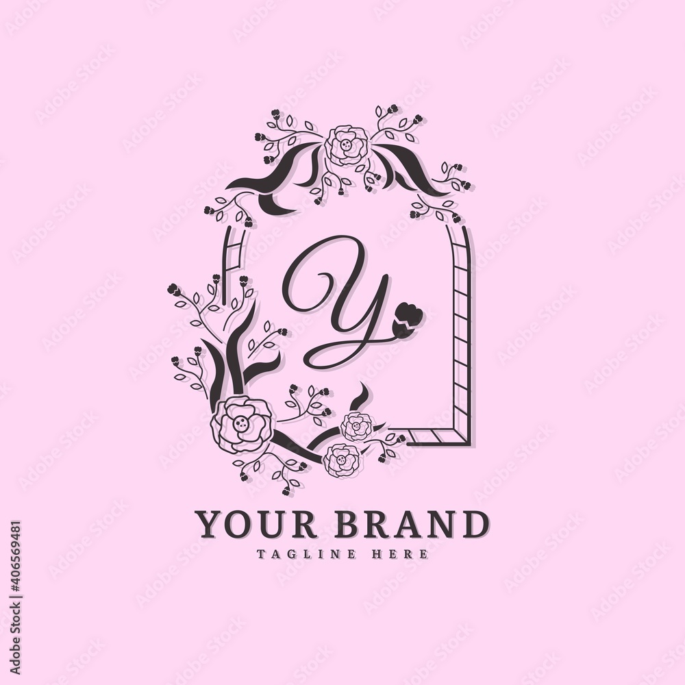 Initial letter Y with natural logo vector concept element, letter Y logo with floral ornament. Minimalist design logo.
