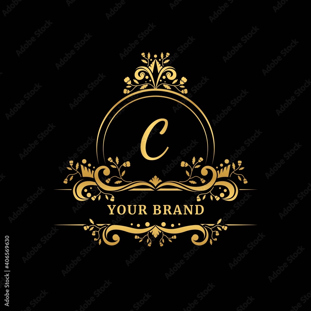 Initial letter C with leaf logo vector concept element, letter C logo with floral ornament Initial letter C with leaf logo vector concept element, letter C logo with floral ornament