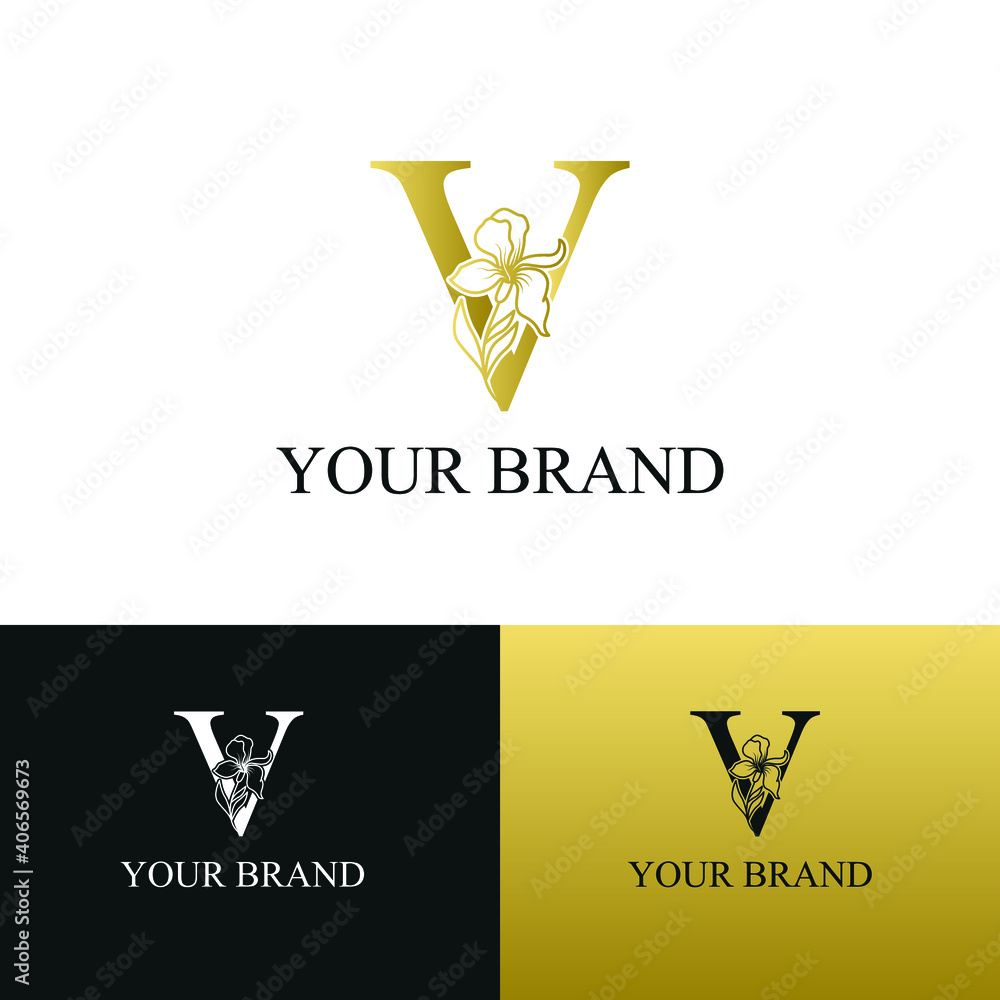 Golden Luxury Initial letter V with February Iris flower for cosmetic, Jewelry, boutique, hotel logo concept vector Golden Luxury Initial letter V with February Iris flower for cosmetic, Jewelry, boutique, hotel logo concept vector