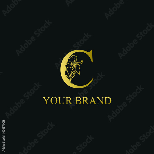 Golden Luxury Initial letter C with February Iris flower for cosmetic, Jewelry, boutique, hotel logo concept vector