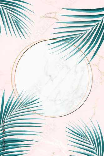 Round golden frame on a tropical background