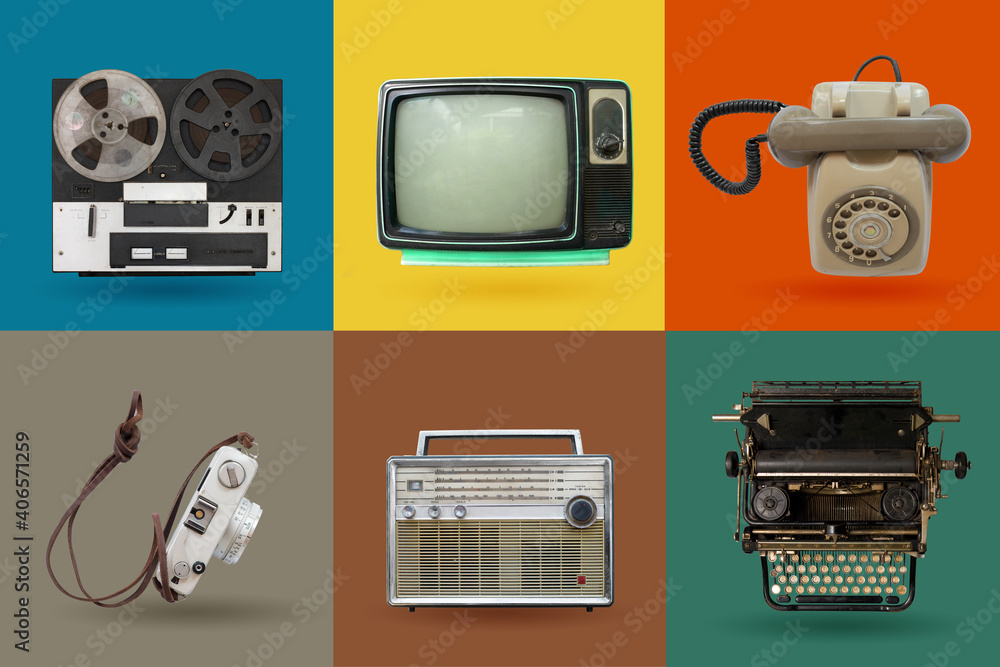 Retro electronics set. Nostalgic collectibles from the past 1980s - 1990s. objects isolated on retro color palette with clipping path.