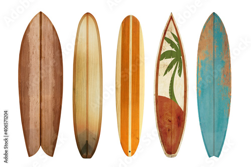 Collection vintage wooden surfboard isolated on white with clipping path for object, retro styles. © jakkapan