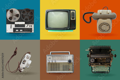 Retro electronics set. Nostalgic collectibles from the past 1980s - 1990s. objects isolated on retro color palette with clipping path. photo