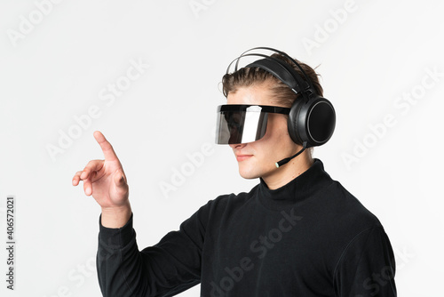 Man with smart glasses pointing out his index finger