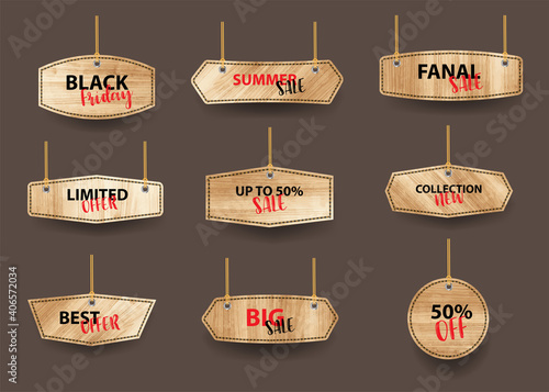 Vector wooden signs hanging on a rope and chain, With price tags labels collection sale banners design