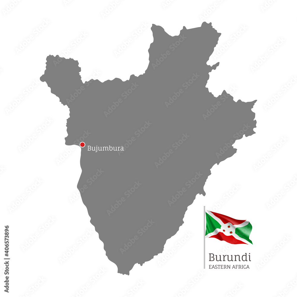 Silhouette of Burundi country map. Gray detailed editable map with waving national flag and Bujumbura city capital, Eastern Africa country territory borders vector illustration on white background