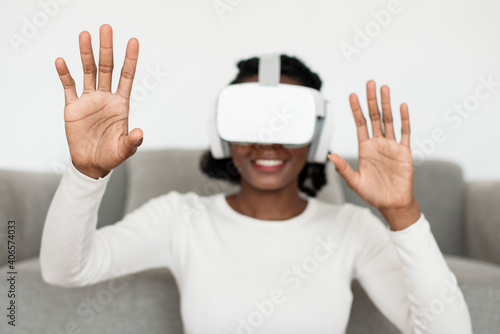 African American woman experiencing VR simulation